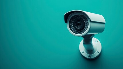 White security camera mounted on a teal wall.
