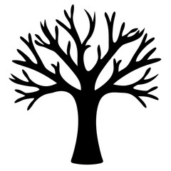 Bare Tree Silhouette Graphic Isolated on White Background, Simple Black Drawing