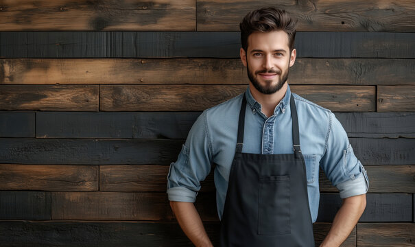 Smiling young man in denim shirt and apron against rustic wooden wall.