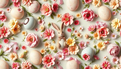 Seamless pastel Easter egg pattern with vintage flowers, bunny, ribbons, spring, adorable