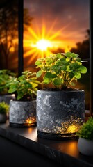Fresh Lemon Balm Plant in Decorative Pot with Soft Glow, Captured with Realistic Detail Against a Beautiful Sunset Background