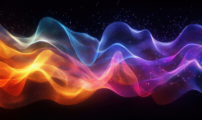 Obraz premium Colorful abstract wave patterns with glowing particles in dark background.
