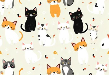 Seamless pattern of adorable hand-drawn cats; playful, whimsical design with ample white space, wallpaper, funny