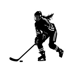 Silhouette of female ice hockey player extending stick towards puck during motion