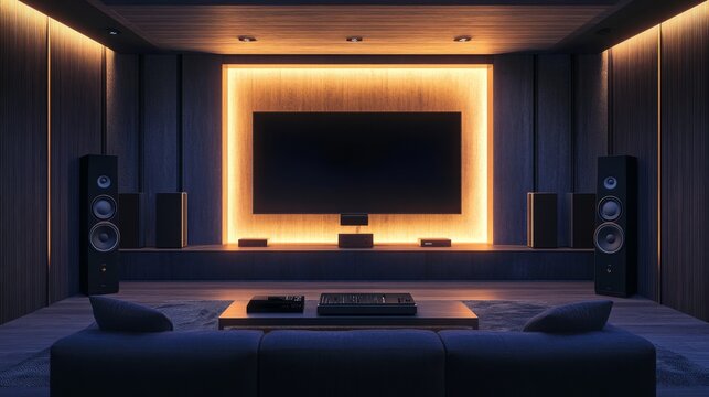 photo realistic, Generate an image of a surround sound installation in a modern living room. The setup should feature multiple speakers strategically placed around the room, including wall-mounted and