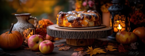 Freshly Baked Apple Pie with Autumn Decor and Warm Lighting, Set on a Rustic Wooden Stand Surrounded by Seasonal Elements