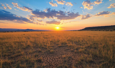 Stunning sunset over dry grassland with cracked earth and dramatic clouds.