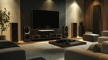 photo realistic, Generate an image of a surround sound installation in a modern living room. The setup should feature multiple speakers strategically placed around the room, including wall-mounted and