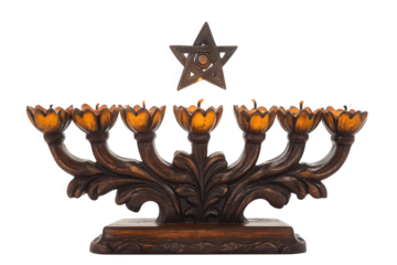 Elegant wooden menorah with golden candle holders and a star, symbolizing celebration and tradition.