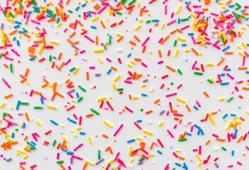 Seamless pattern of rainbow sprinkles, confetti, ice cream, and bakery toppings on a white background, texture, party