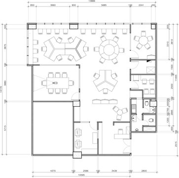 Drawing 2d Small office layout, meeting room, 2 rooms, small dining room original vector