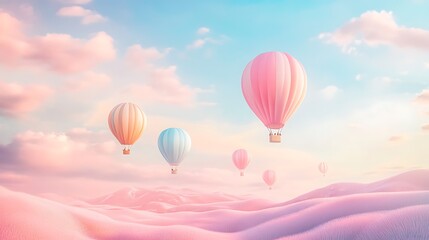 Fototapeta premium Hot Air Balloons Flying Over Pink Landscape in Pastel Sky
