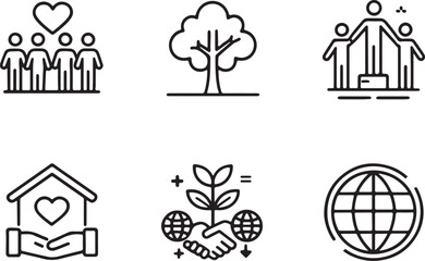 Set of 6 outline icons related to community, social bonding, people, world commitment and more. Linear icon collection. Editable stroke line art. Vector illustration.
