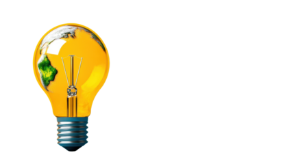 A glowing yellow lightbulb on a transparent background, containing a miniature world map inside. The image is simple and conveys a concept of global ideas or innovation.