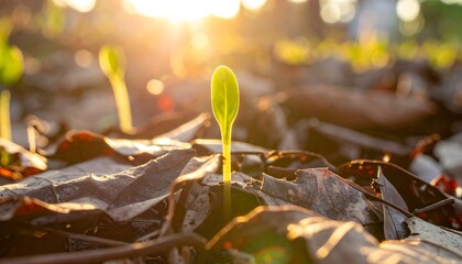 Green Seedling Emerging from Brown Leaves at Sunrise,beginning, delicate, earth, future, ground, growth, hope, renewal, shadow, sunrise, tender, vibrant, warm, wildlife, ecology, life, 