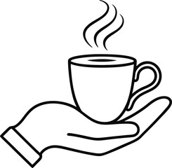 Human hand gently holding a cup of tea or coffee in minimalist continuous line art style ideal for beverage branding or cozy interior wall prints