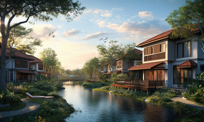 Obraz premium Serene waterfront villas surrounded by lush greenery and tranquil waters at sunset.