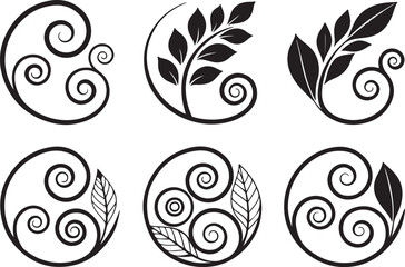 Set of 6 outline icons related to decorative swirl and spiral elements. Linear icon collection. Editable stroke line art. Vector illustration.
