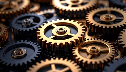 Intricate Bronze and Black Gear Mechanism Close Up,cog, engineering, gear, gold, intricate, machinery, movement, precision, system, time, clockwork, industrial, mechanism, abstract,