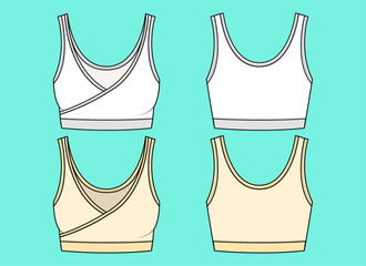 Ladies Sports bra fashion bundle set flat sketch outline CAD mockup front and back views.