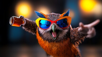 A vibrant owl wearing colorful sunglasses, joyfully holding a drink in a lively party setting