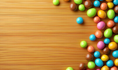 Colorful candy assortment on wooden background for festive occasions and celebrations.