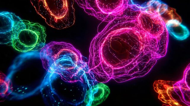 Glowing microscopic cells glowing microscopic cells glowing microscopic cells in motion, captured in high-detail with glowing microscopic cells forming a colorful pathogen pattern in vibrant abstract 