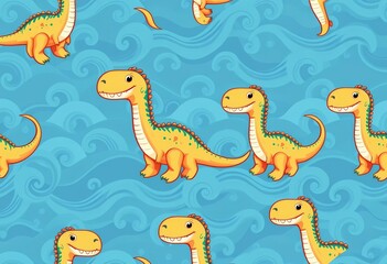 Seamless vector pattern featuring adorable long-necked dinosaur and blue wave design, water, whimsical