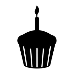 Minimalist black and white vector image of a birthday cupcake with candle