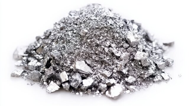 Metallic Silver Powder and Shiny Crystals on White Background for Industrial Applications