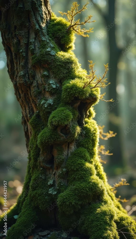 Poster Moss-covered ancient tree with intricate bark texture in a mystical forest setting under soft sunlight