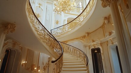 Ornate Staircase in White and Gold with Intricate Railings and Decorative Lighting