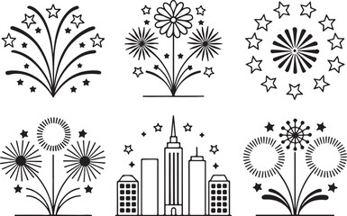 Set of 6 outline icons related to fireworks and doodle decoration like flower elements. Linear icon collection. Editable stroke line art. Vector illustration.
