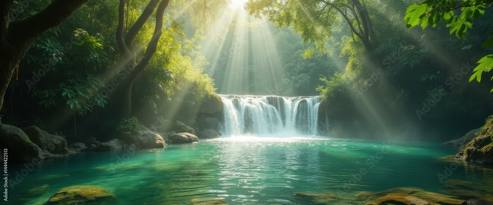 Poster enchanting waterfall gushing into a turquoise pool surrounded by lush green forest with sun rays str