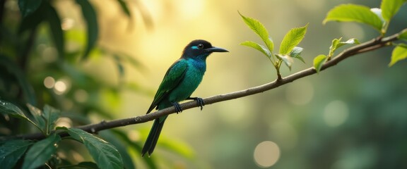 Fototapeta premium Emerald Bird Perched on Branch in Sunlight, Nature Photography, Teal Plumage, Close-Up Wildlife Portrait