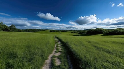 A sun-drenched path through a verdant field