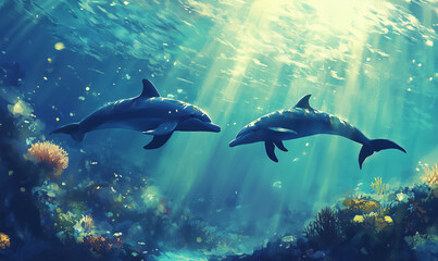 Fototapeta premium Dolphins swimming gracefully in vibrant underwater scene with sunlight rays.
