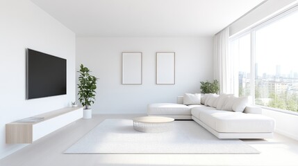 Minimalist living room with large windows