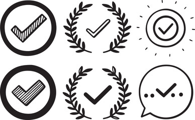 Set of 6 outline icons related to hand drawn doodle, frame, circle, check mark and more elements. Linear icon collection. Editable stroke line art. Vector illustration.