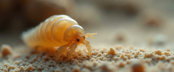 Miniature Alien-like Creature on Sandy Surface in Macro Detail - Translucent Body and Delicate Features