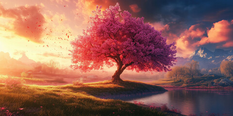 Obraz premium Stunning cherry blossom tree by serene lake at sunset with vibrant colors.