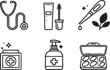 Set of 6 outline icons related to healthcare, hand sanitizer, pill drop, spa and medical fields. Linear icon collection. Editable stroke line art. Vector illustration.