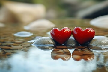 Fototapeta premium Two Glossy Red Hearts Resting on Smooth Pebbles Beneath a Soft Light for a Romantic Symbolism