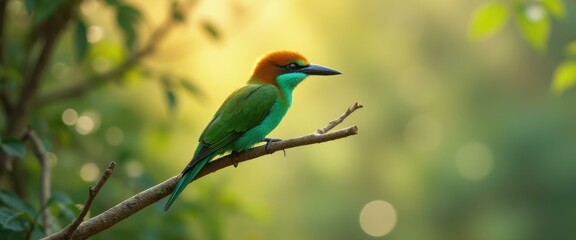 Fototapeta premium Colorful Bee-eater Perched on a Branch in a Warm, Sunny Forest