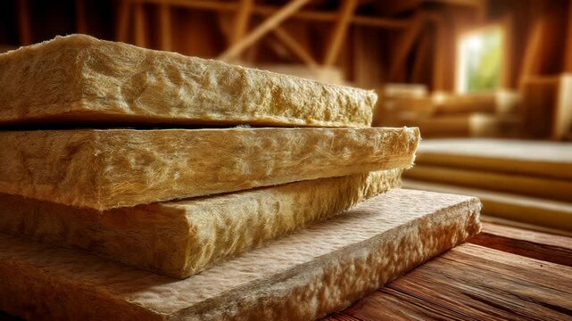 Close-up of stacked mineral wool insulation on wood floor, showing building thermal efficiency and energy saving during construction.