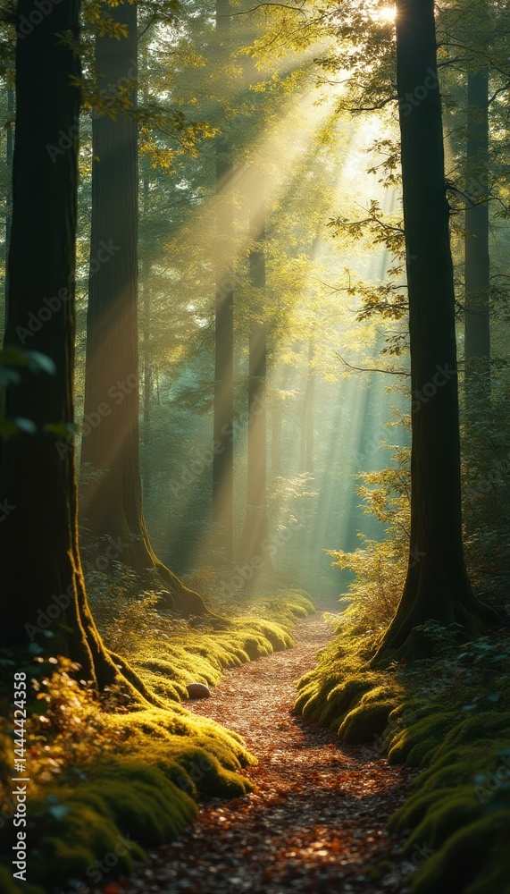 Aufkleber Sunlight streams through tall trees in a tranquil forest path, creating a serene and magical atmosphere.