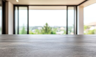 Empty light gray countertop with a view  Blurred  modern  room,  large  windows,  outdoors