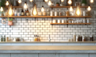 Empty wooden countertop in front of a blurred cafe  Cozy, bright, and modern kitchen-style bar, with Edison bulbs and white brick wall