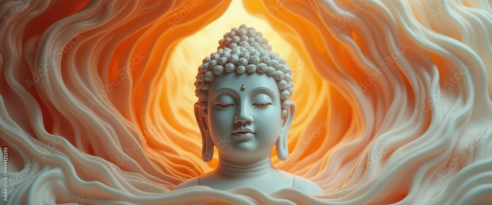 Poster serene buddha statue in meditation surrounded by abstract waves of light and white material