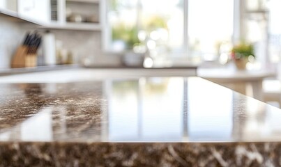 Modern kitchen countertop, showcasing a polished granite surface, with blurred background of cabinets and windows